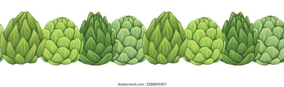 Vector seamless border of hand drawn artichokes isolated from background. Horizontal frame with cartoon head of cabbage healthy vegetables. Natural healthy food background for divider and brush