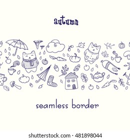 Vector seamless border with hand drawn cartoon elements. Clip art for design, cards, coloring books, banners.