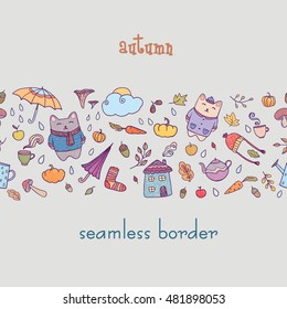 Vector seamless border. Hand drawn autumn icons with cats. Clip art for design.