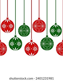 vector seamless border with hanging christmas balls isolated on white background