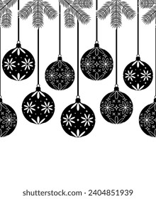 vector seamless border with hanging christmas balls and spruce twigs isolated on white background