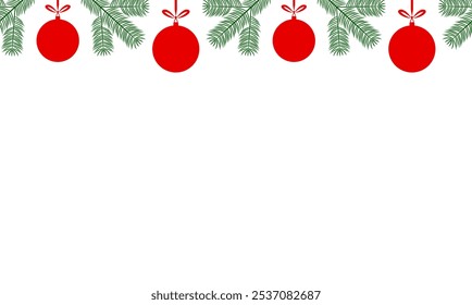 vector seamless border with hanging christmas balls and spruce twigs isolated on white background