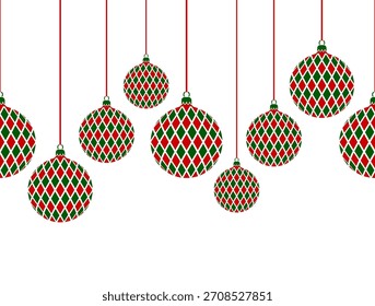 Vector borde sin fisuras con bolas de Navidad colgantes aisladas sobre fondo blanco