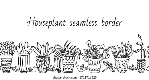 Vector seamless border with house plants in pots decorated with ornaments on white background. Decorative butterflies, dragonflies and birds. Doodle style illustration in black ink.