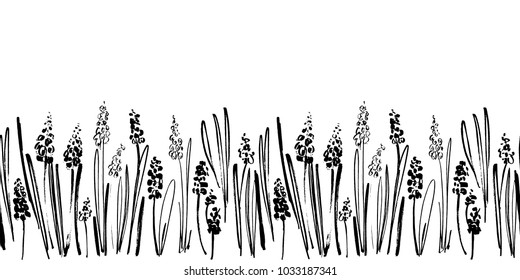 Borda sem costura vetorial com jacintos de desenho de tinta, ervas e flores, ilustração botânica artística monocromática, elementos florais isolados, ilustração repetível desenhada à mão.