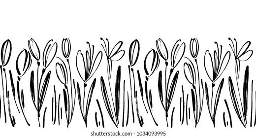 Vector seamless border with ink drawing tulips, monochrome artistic botanical illustration, isolated floral elements, hand drawn repeatable illustration.