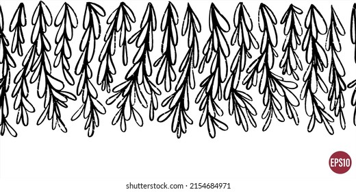 Vector seamless border with ink drawing hanging liana look floral elements. Hand drawn monochrome background.