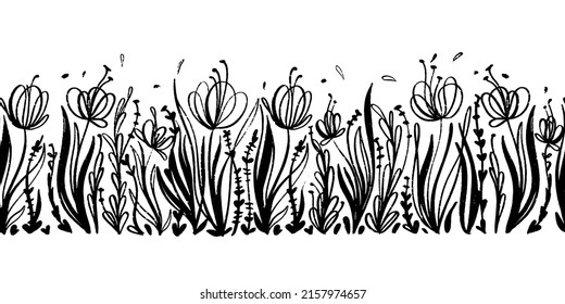 Vector seamless border with ink drawing floral elements. Hand drawn monochrome horizontal background with poppies and wild grass.