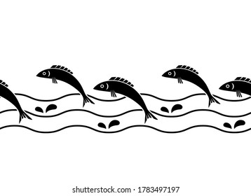 vector seamless border with jumping fishes and waves on white background