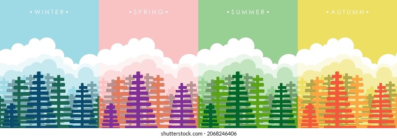 Vector seamless border. Landscape with Spruce and Clouds in various seasonal colors. Four seasons - Winter, Spring, Summer, Autumn. Minimalistic flat vector illustration.