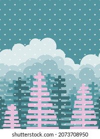 Vector seamless border. Landscape with Spruce and Clouds in Winter colors. Minimal flat vector illustration. Christmas card template.