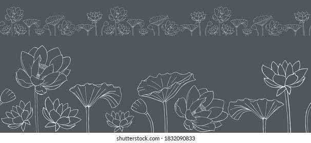 vector seamless border of Lotus flowers and leaves. minimalistic Zen style. Beautiful monochrome vector floral frame with lotus flowers and leaves in a graphic style.