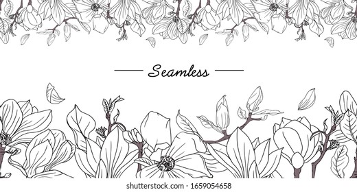 Borde transparente con flores de magnolia y hojas sobre las ramas dibujadas con gráficos de contorno negro sobre fondo blanco.Para el diseño, papel pintado, cubiertas, papel de envoltura, textiles, telas