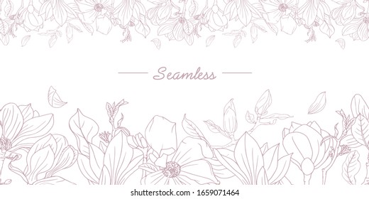 Vector seamless border with magnolia flowers and leaves on the branches drawn by light purple contour graphics on a white background.For design, wallpaper, covers, wrapping paper, textiles, fabrics