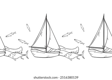 Vector Seamless border monochrome of fishing boats isolated. Fish anchovy, big fish and sailboat on wave black and white graphic hand drawn repeating banner. Childish nautical design by outline.