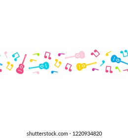 Vector seamless border of music notes and guitars. 