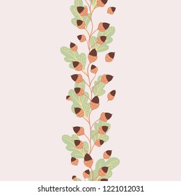 Vector seamless border of oak leaves and twigs with acorns on a light background. Natural seasonal illustration drawn by hand.