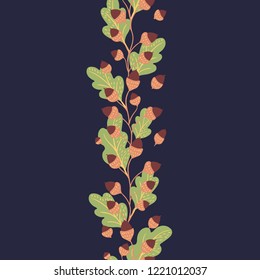 Vector seamless border of oak leaves and twigs with acorns on a dark background. Natural seasonal illustration drawn by hand.