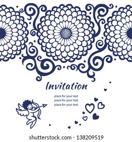 Vector seamless border on card with large flowers, cupid and scrolls. Template frame design for card. You can place your text in the empty place.