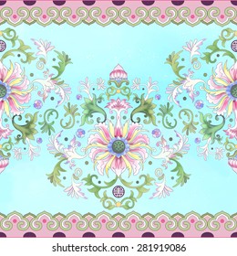 Vector seamless border on watercolor background. Imitation of chinese porcelain painting. Lotus flowers and leaves are painted by watercolor.  