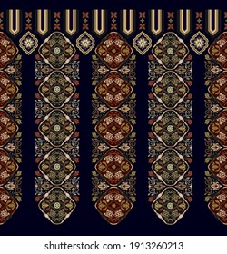 Vector seamless border ornament. Indian ethnic hpattern. Black background with decorative folk ornament. Seamless indian wallpaper. Vector folk black pattern. Arabian ornamental pattern