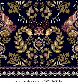 Vector seamless border ornament. Indian ethnic hpattern. Black background with decorative folk ornament. Seamless indian wallpaper. Vector folk black pattern. Arabian ornamental pattern