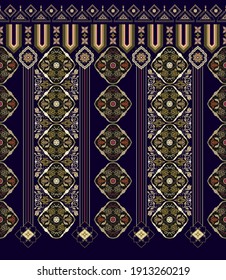 Vector seamless border ornament. Indian ethnic hpattern. Black background with decorative folk ornament. Seamless indian wallpaper. Vector folk black pattern. Arabian ornamental pattern