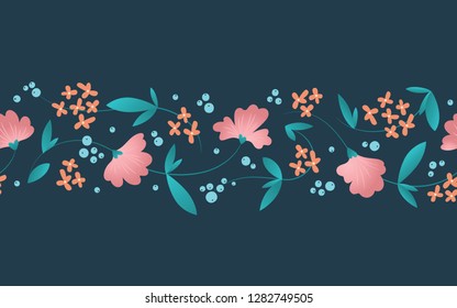 Vector seamless border ornament with pink and orange flowers, blue berries and green leaves on elegant branches on dark background. Decorative floral ornament for fabric, paper or card.