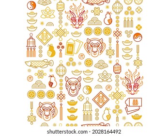 Vector seamless border with outline symbols of the Tiger Zodiac sign, Symbol of 2022 on the Chinese Lunar calendar. Chinese design, gold, red elements on white background. Chinese translation: Tiger