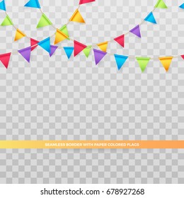Vector seamless border with paper party banner of colored flags. Holiday garlands for design birthday cards and invitations. Isolation from the transparent background.