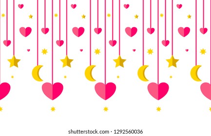 Vector seamless border pattern. Abstract tassels with stars and hearts in kawaii paper style. Perfect for headers, dividers for wedding, Valentine’s day, love design or room decor. Pink, gold colors