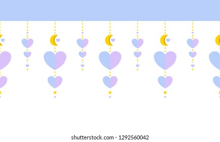 Vector seamless border pattern. Abstract tassels with stars and hearts in kawaii paper style. Perfect for headers, dividers for wedding, love theme or kids room design. Blue and gold colors