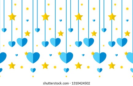 Vector seamless border pattern. Abstract tassels with stars and hearts in kawaii paper style. Perfect for headers, dividers for wedding, love theme or kids room design. Blue and gold colors
