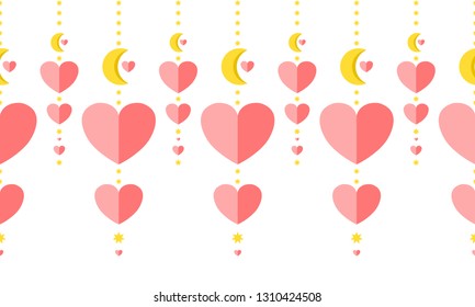 Vector seamless border pattern. Abstract tassels with stars and hearts in kawaii paper style. Perfect for headers, dividers for wedding, Valentine’s day, love design or room decor. Pink, gold colors