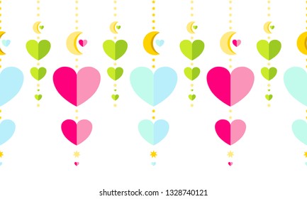 Vector seamless border pattern. Abstract tassels with stars and hearts in kawaii paper style. Perfect for headers, dividers for wedding, love theme, kids room design. Festive random colors 