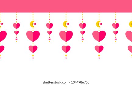 Vector seamless border pattern. Abstract tassels with stars and hearts in kawaii paper style. Perfect for headers, dividers for wedding, Valentine’s day, love design or room decor. Pink, gold colors