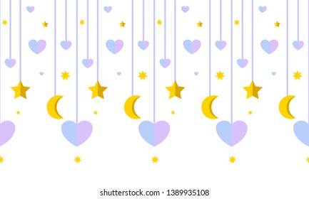 Vector seamless border pattern. Abstract tassels with stars and hearts in kawaii paper style. Perfect for headers, dividers for wedding, love theme or kids room design. Blue and gold colors