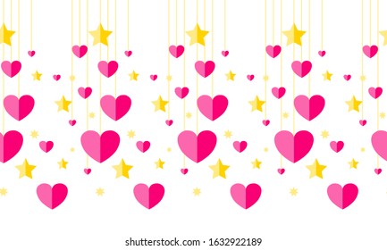 Vector seamless border pattern. Abstract tassels with stars and hearts in kawaii paper style. Perfect for headers, dividers for wedding, Valentine’s day, love design or room decor. Pink, gold colors