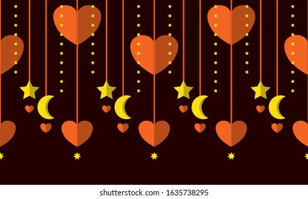 Vector seamless border pattern. Abstract tassels with stars and hearts in paper style, dark background. Perfect for headers, dividers for wedding, Valentine’s day, love design. Black, red, gold colors