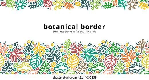 Vector seamless border pattern with botanical elements. Floral linear modern background. Horizontal card template with copy space.
