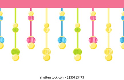 Vector seamless border pattern, bright celebrating design. Horizontal endless ribbon with bundle tassels design. Elements for greeting cards, kids room decoration. Vivid blue, pink, yellow, green
