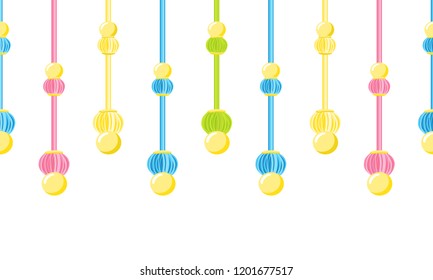 Vector seamless border pattern, bright celebrating design. Horizontal endless ribbon with bundle tassels design. Elements for greeting cards, kids room decoration. Vivid blue, pink, yellow, green