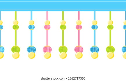 Vector seamless border pattern, bright celebrating design. Horizontal endless ribbon with bundle tassels design. Elements for greeting cards, kids room decoration. Vivid blue, pink, yellow, green