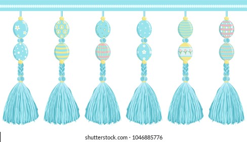 Vector seamless border pattern.  Colorful horizontal border for Easter design, perfect for cards, celebrate decor, background. Tassels from thread, yarn with beads, braids and cute ornate eggs