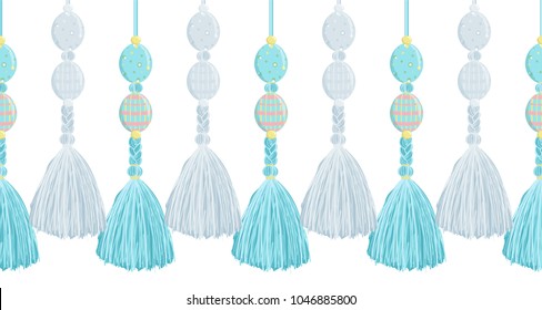 Vector seamless border pattern.  Colorful horizontal border for Easter design, perfect for cards, celebrate decor, background. Tassels from thread, yarn with beads, braids and cute ornate eggs