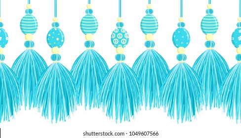 Vector seamless border pattern.  Colorful horizontal border for Easter design, perfect for cards, celebrate decor, background. Tassels from thread, yarn with beads, braids and cute ornate eggs