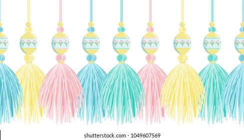 Vector seamless border pattern.  Colorful horizontal border for Easter design, perfect for cards, celebrate decor, background. Tassels from thread, yarn with beads, braids and cute ornate eggs