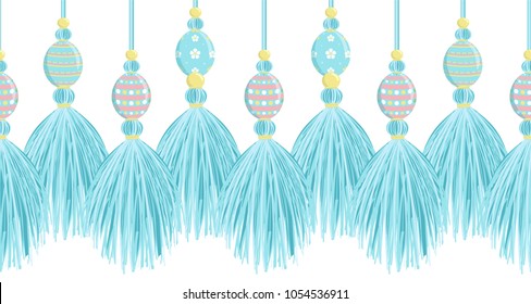 Vector seamless border pattern.  Colorful horizontal border for Easter design, perfect for cards, celebrate decor, background. Tassels from thread, yarn with beads, braids and cute ornate eggs