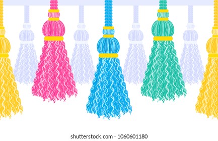 Vector seamless border pattern.  Colorful horizontal border, perfect for cards, celebrate decor, background. Cute tassels from thread, yarn with beads, breads, strings, rope. Blue, yellow, green, pink