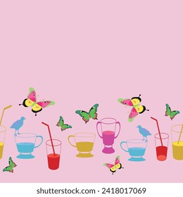 Vector seamless border pattern of colorful summer cocktails on pink background with butterflies and birds. Perfect for picnic, party, restaurants.  Available for custom pattern projects.